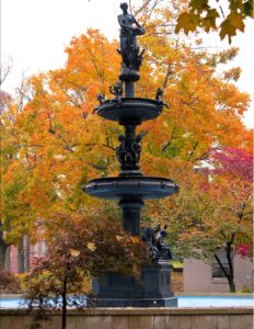 The Central Park fountain with bright orange fall foliage in the background. 