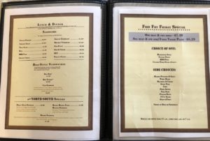 Page 2 and 3 of North South Truck Stop Menu, Includes: Fish Friday Specials, Sandwiches, and sides.