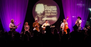 Musical vocalists and instrumentalists perform on stage with various guitars and a stand up bass at the Bluegrass in the Park and Folklife Festival.